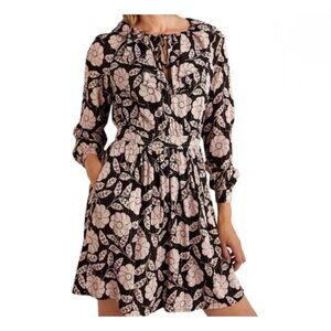 Boden Black Gold Metallic Floral Notch Neck Ruffle Long Sleeve Dress SZ 10R NWT